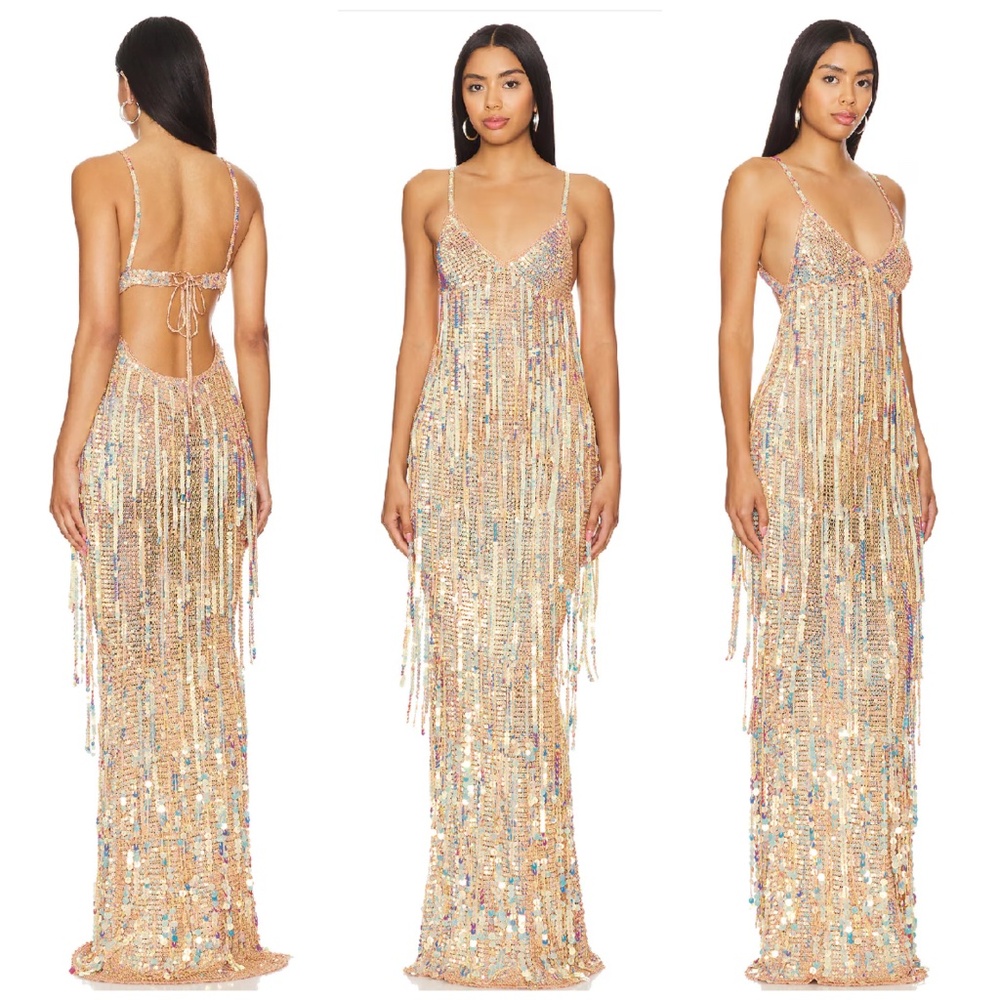 Retrofete Mevia Sequin Fringe Crochet Maxi Dress Ballerina XS / SMALL with tags